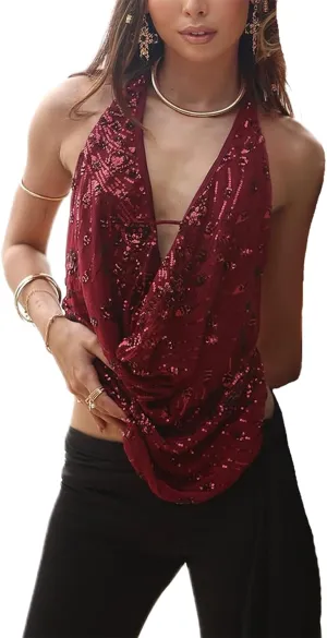 Women Y2k Sparkly Floral Sequin Halter Cowl Neck Beaded Vest Sexy Glitter Rhinestone Backless Embellished Rave Camisole