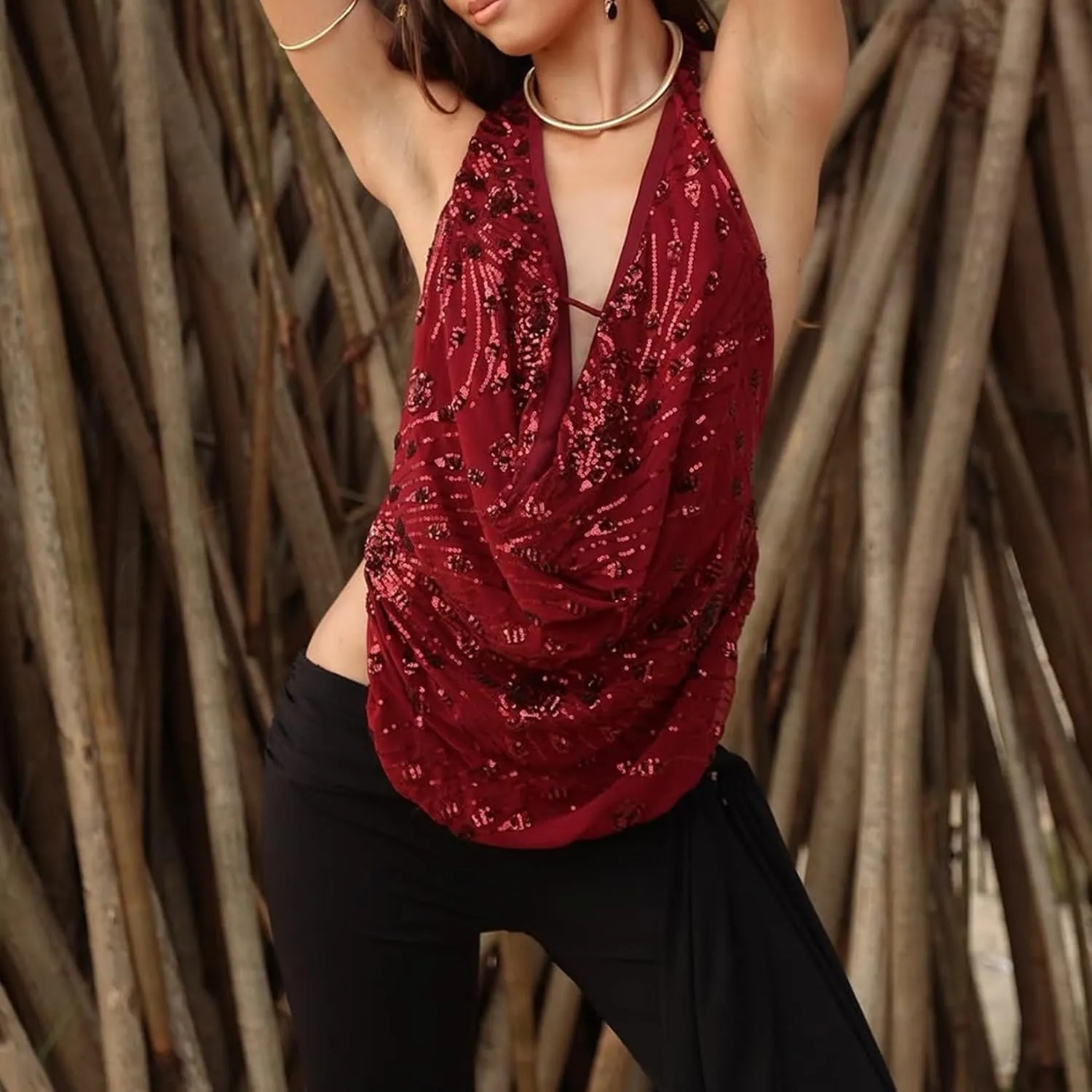Women Y2k Sparkly Floral Sequin Halter Cowl Neck Beaded Vest Sexy Glitter Rhinestone Backless Embellished Rave Camisole