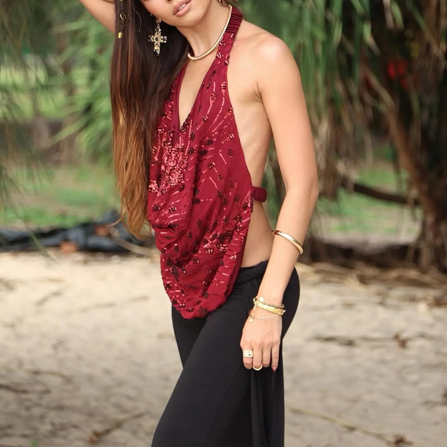 Women Y2k Sparkly Floral Sequin Halter Cowl Neck Beaded Vest Sexy Glitter Rhinestone Backless Embellished Rave Camisole