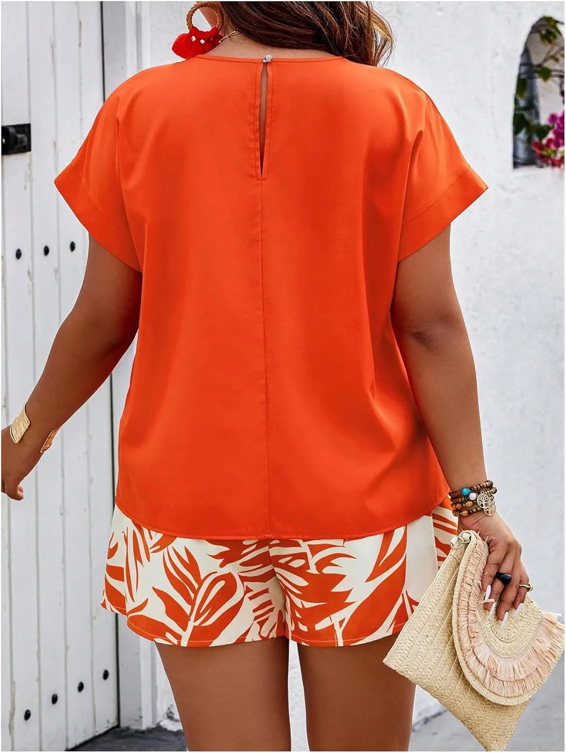 Women's 2 Piece Outfits Plus Size Short Sleeve Crew Neck Tee Tops and Tropical Printed Shorts Set
