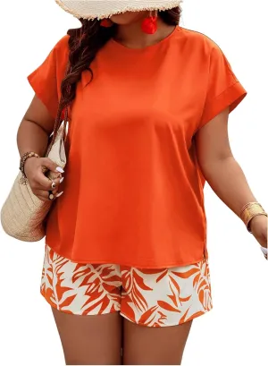 Women's 2 Piece Outfits Plus Size Short Sleeve Crew Neck Tee Tops and Tropical Printed Shorts Set