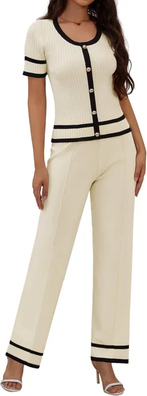Womens 2 Piece Outfits Sweaters Button Front Top Wide Leg Pants Cozy Knit Lounge Sets
