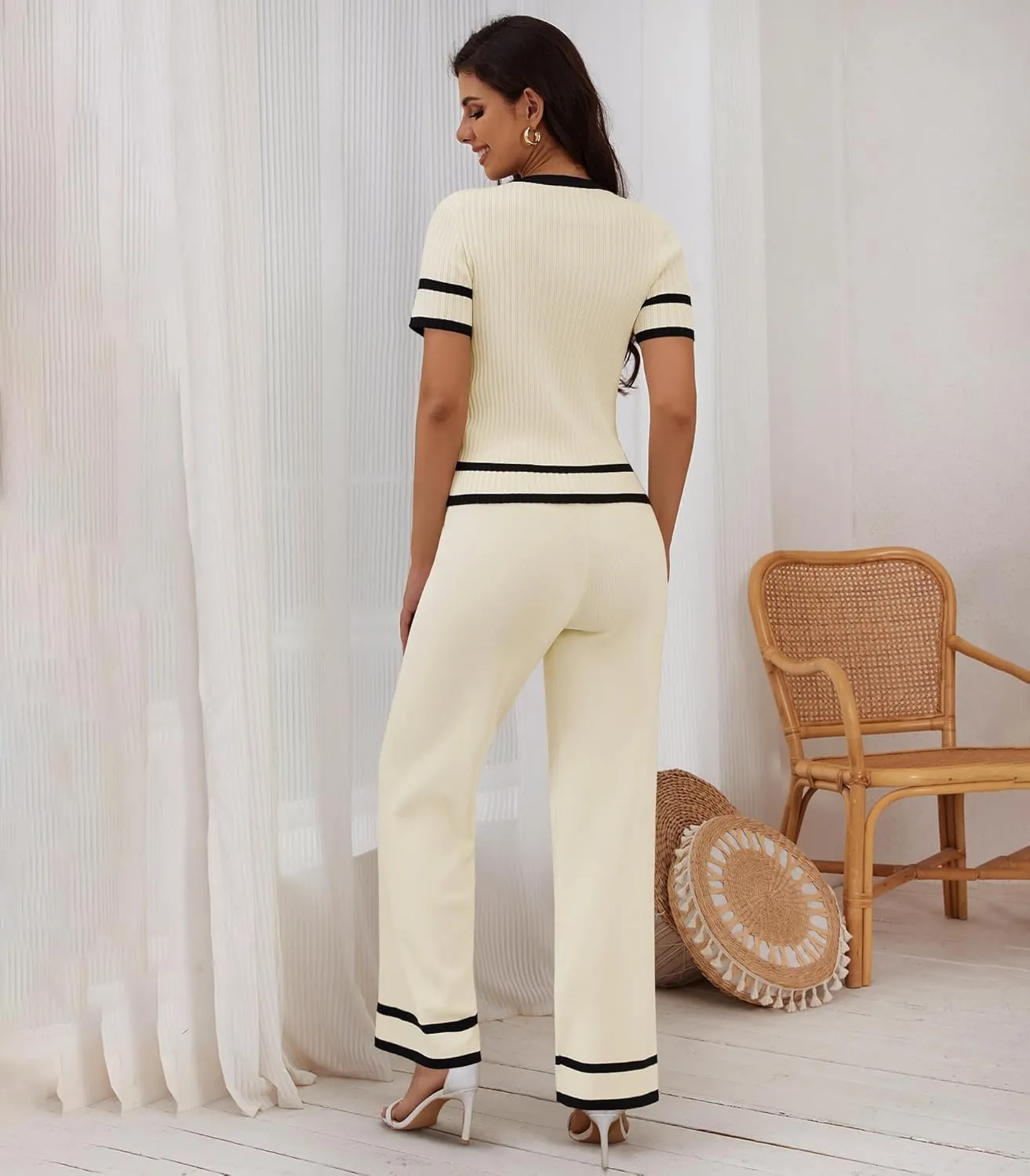 Womens 2 Piece Outfits Sweaters Button Front Top Wide Leg Pants Cozy Knit Lounge Sets