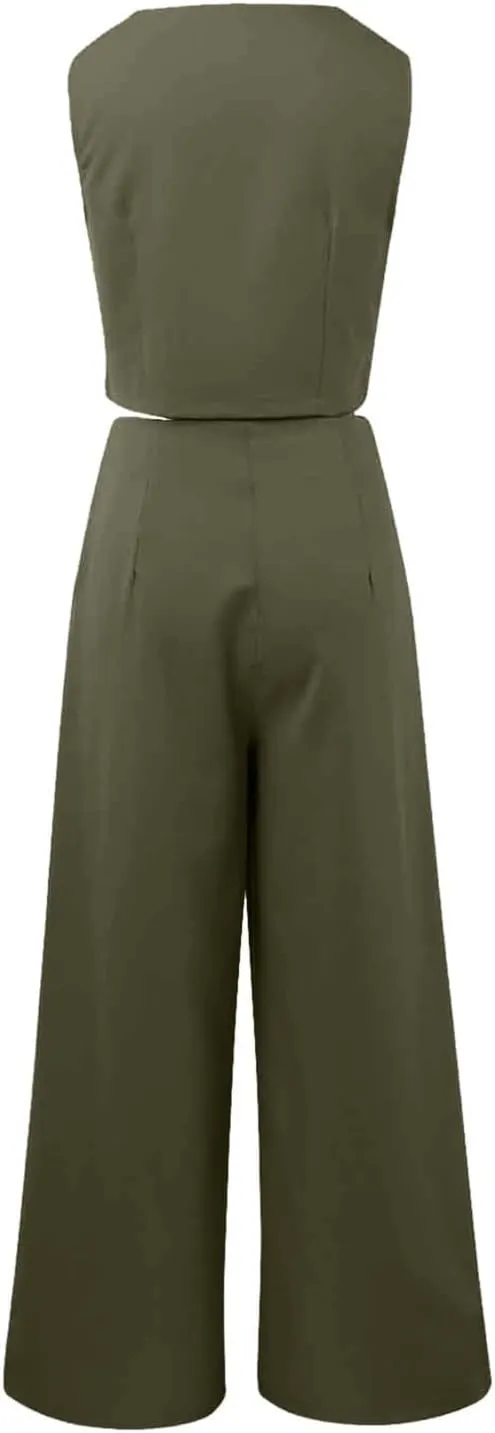 Women's 2 Piece Outfits V Neck Sleeveless Crop Vest Blazer and Wide Leg Pants Work Office Business Casual Suit Sets