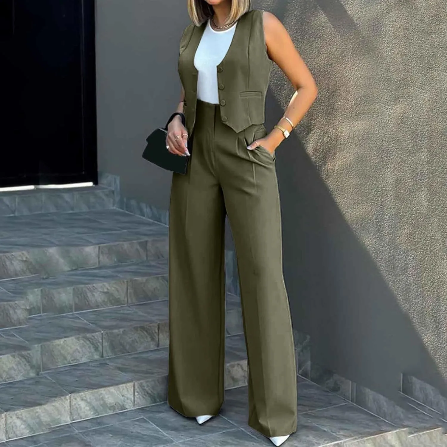 Women's 2 Piece Outfits V Neck Sleeveless Crop Vest Blazer and Wide Leg Pants Work Office Business Casual Suit Sets