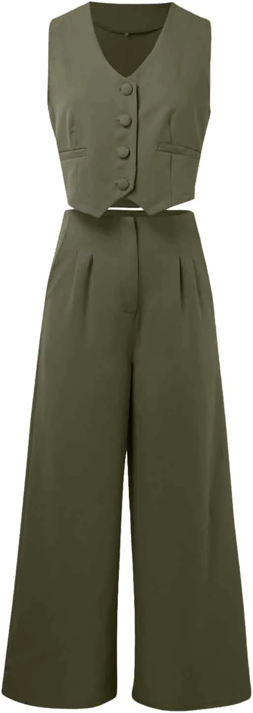 Women's 2 Piece Outfits V Neck Sleeveless Crop Vest Blazer and Wide Leg Pants Work Office Business Casual Suit Sets