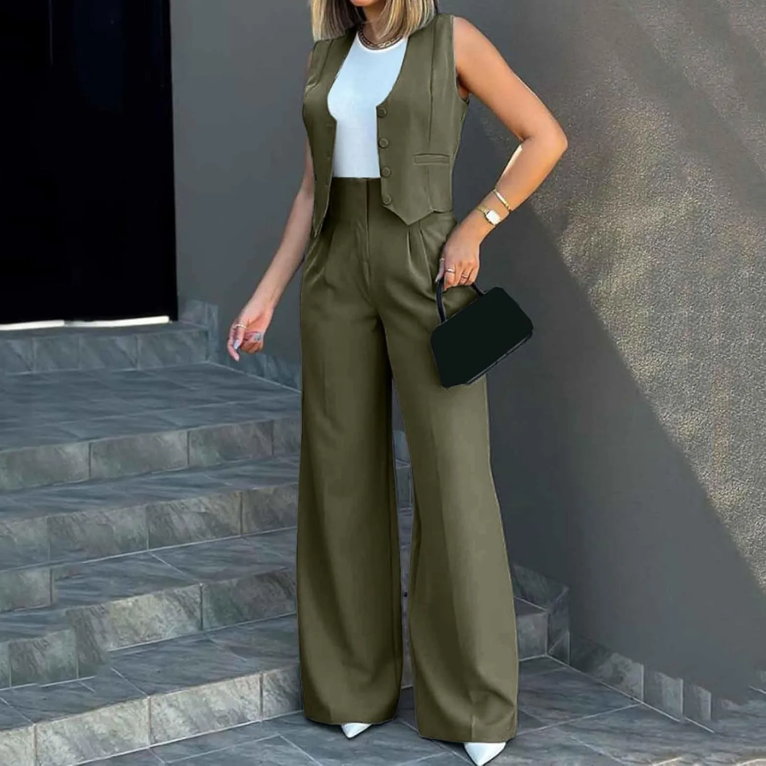 Women's 2 Piece Outfits V Neck Sleeveless Crop Vest Blazer and Wide Leg Pants Work Office Business Casual Suit Sets