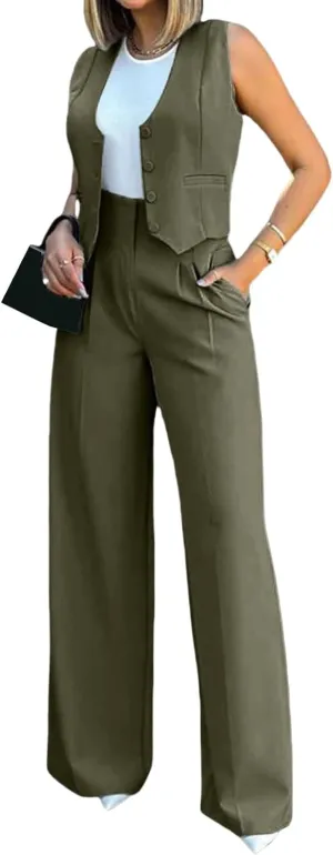 Women's 2 Piece Outfits V Neck Sleeveless Crop Vest Blazer and Wide Leg Pants Work Office Business Casual Suit Sets