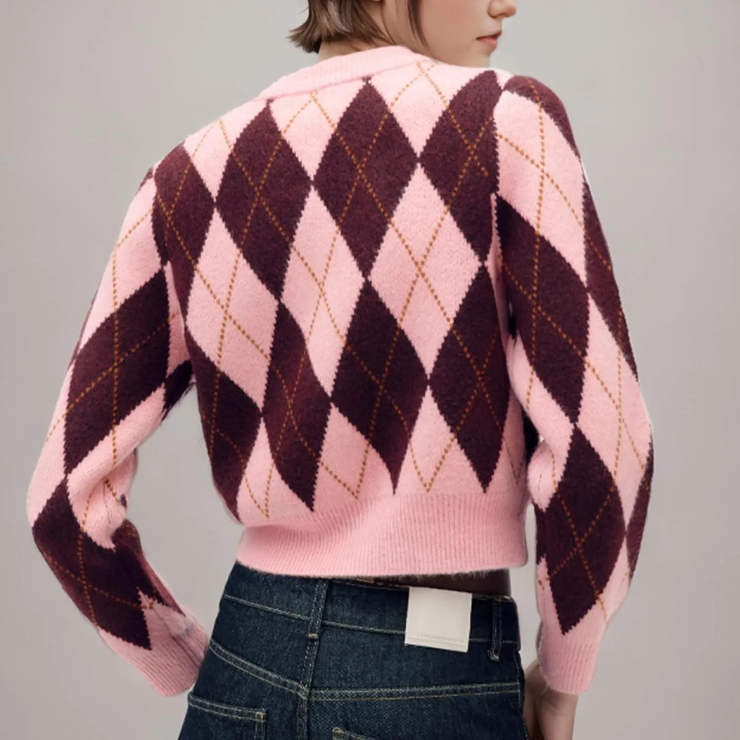 Womens Argyle Preppy Cardigan Sweater Casual Long Sleeve Button Down Color Block Knit Cardigan 2025 Spring Knitwears