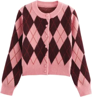 Womens Argyle Preppy Cardigan Sweater Casual Long Sleeve Button Down Color Block Knit Cardigan 2025 Spring Knitwears