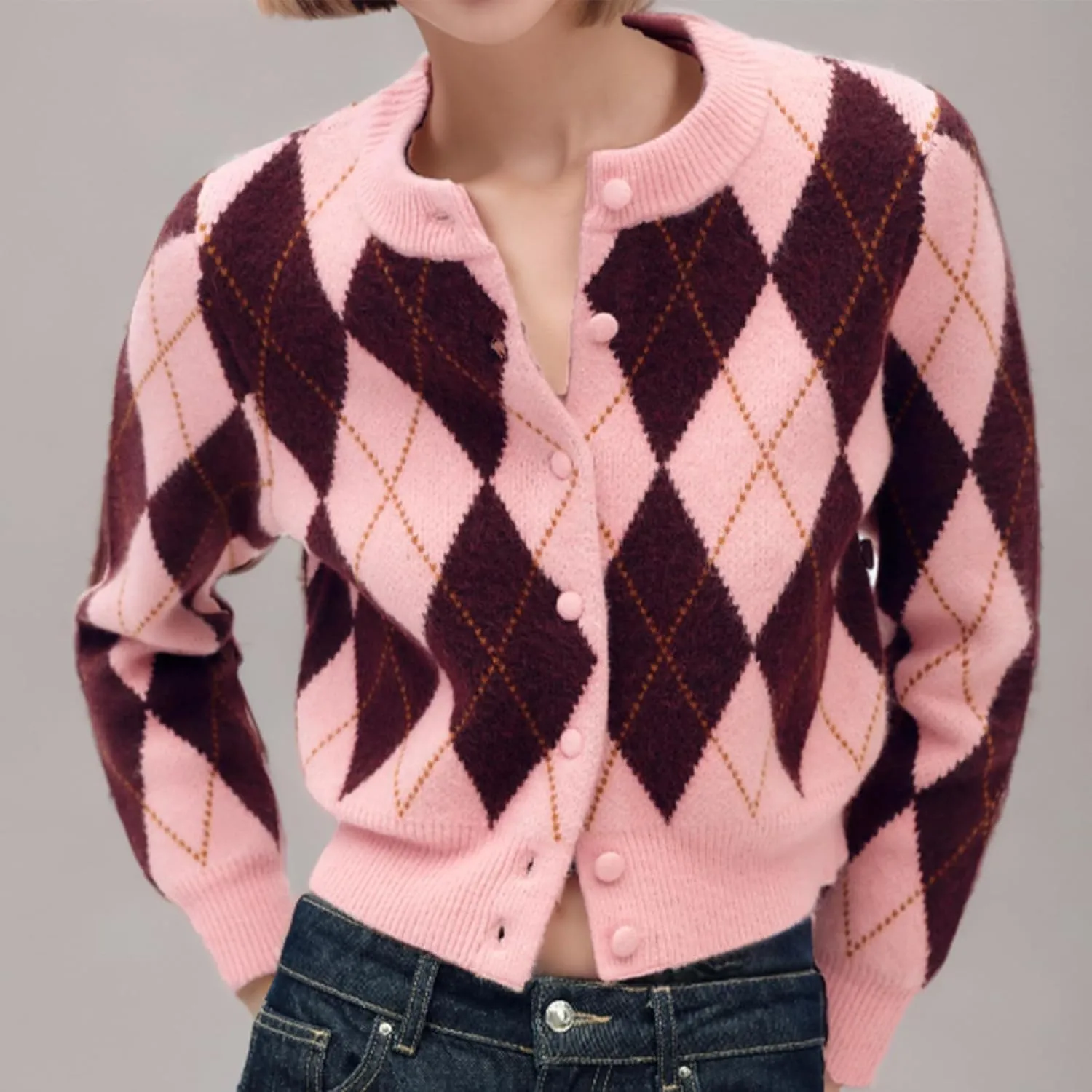 Womens Argyle Preppy Cardigan Sweater Casual Long Sleeve Button Down Color Block Knit Cardigan 2025 Spring Knitwears