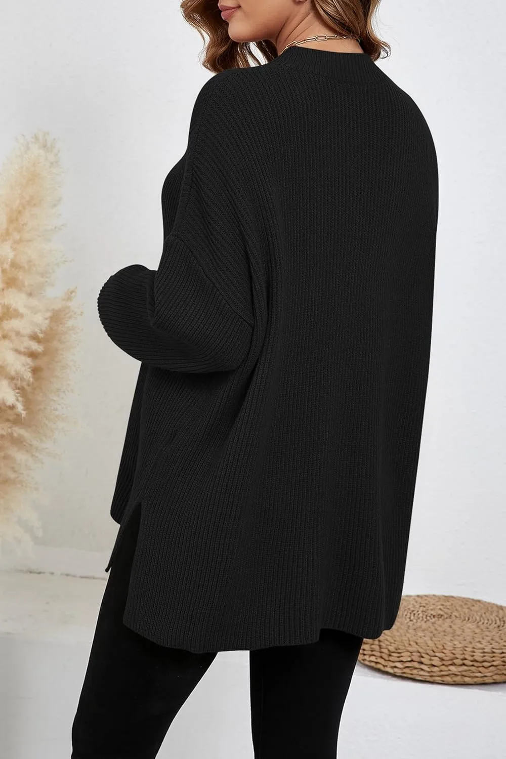 Women's Batwing Long Sleeve Oversized Sweaters Fall Loose Fit Knitted Side Slit Pullover Tops