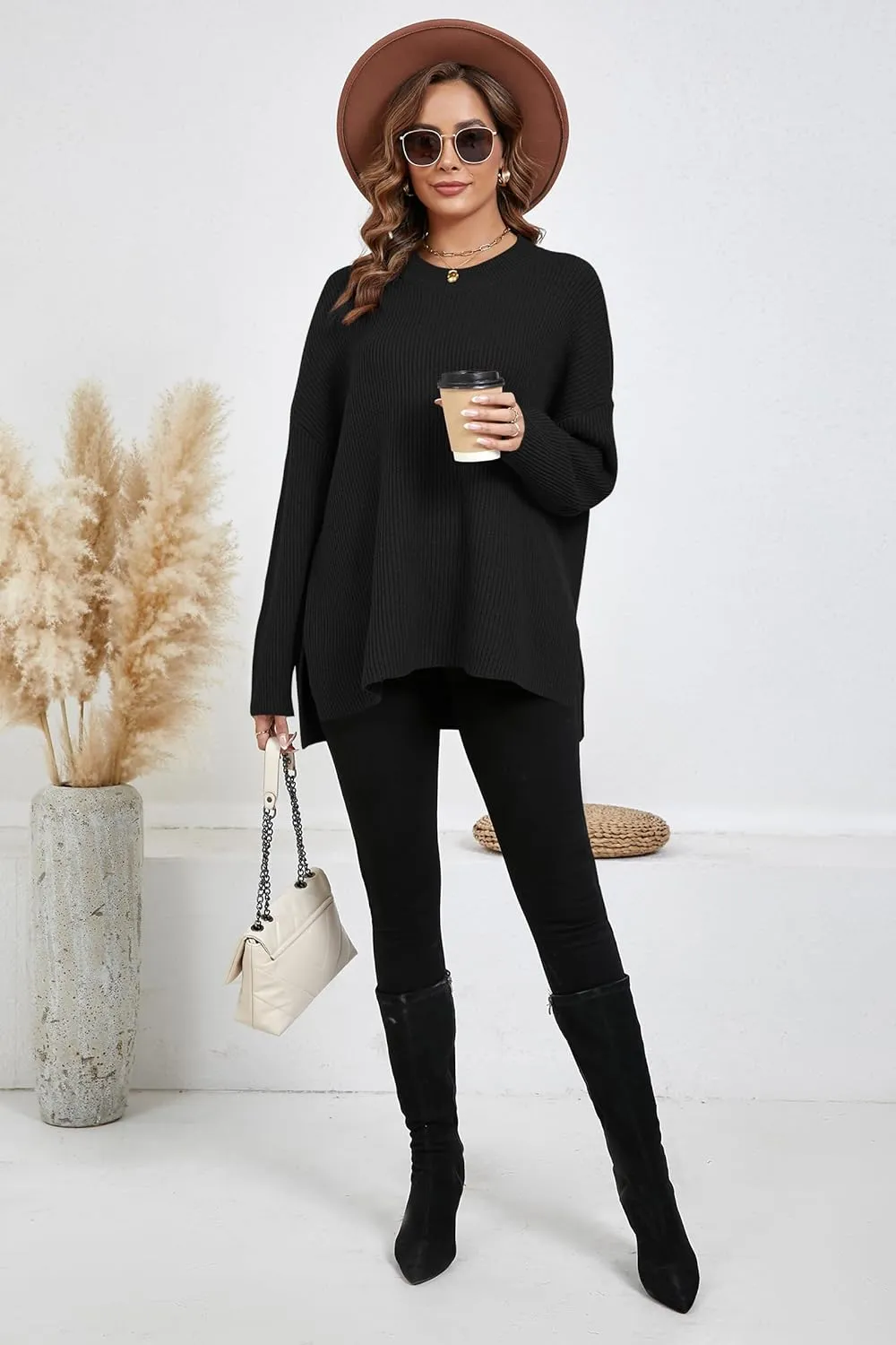 Women's Batwing Long Sleeve Oversized Sweaters Fall Loose Fit Knitted Side Slit Pullover Tops