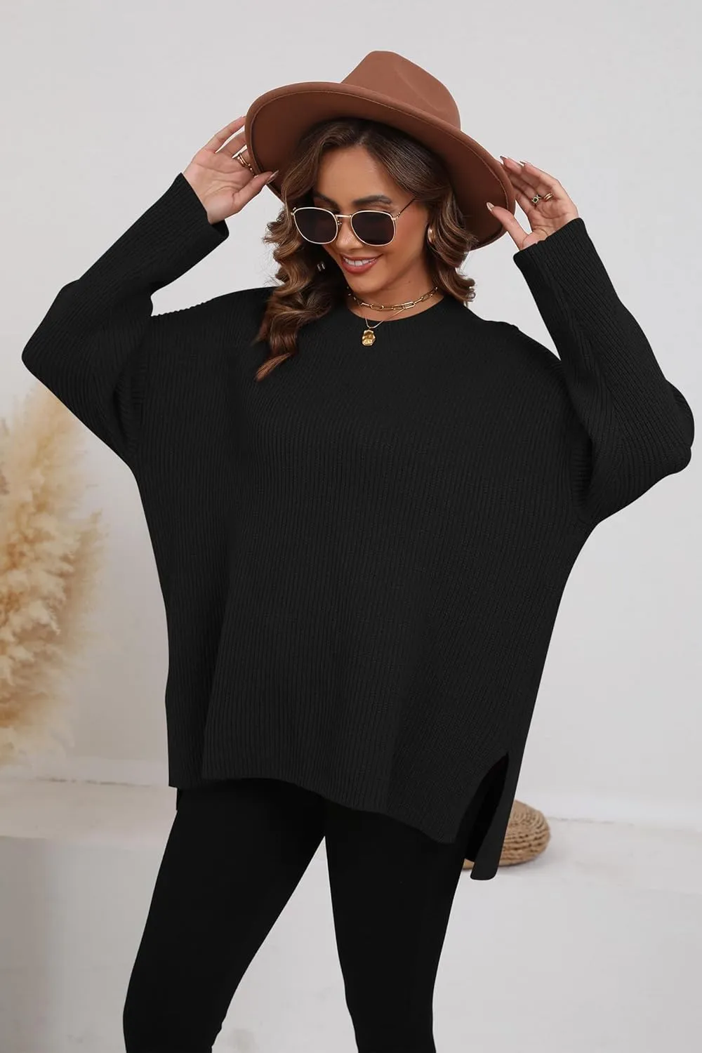 Women's Batwing Long Sleeve Oversized Sweaters Fall Loose Fit Knitted Side Slit Pullover Tops