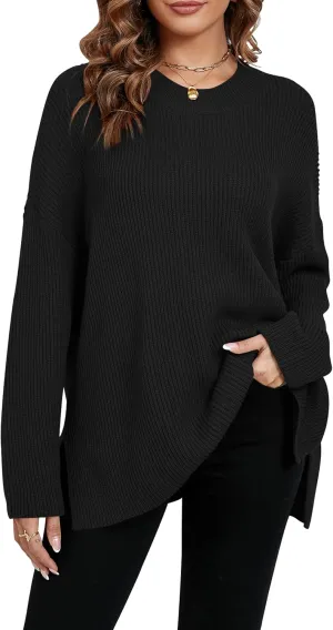 Women's Batwing Long Sleeve Oversized Sweaters Fall Loose Fit Knitted Side Slit Pullover Tops