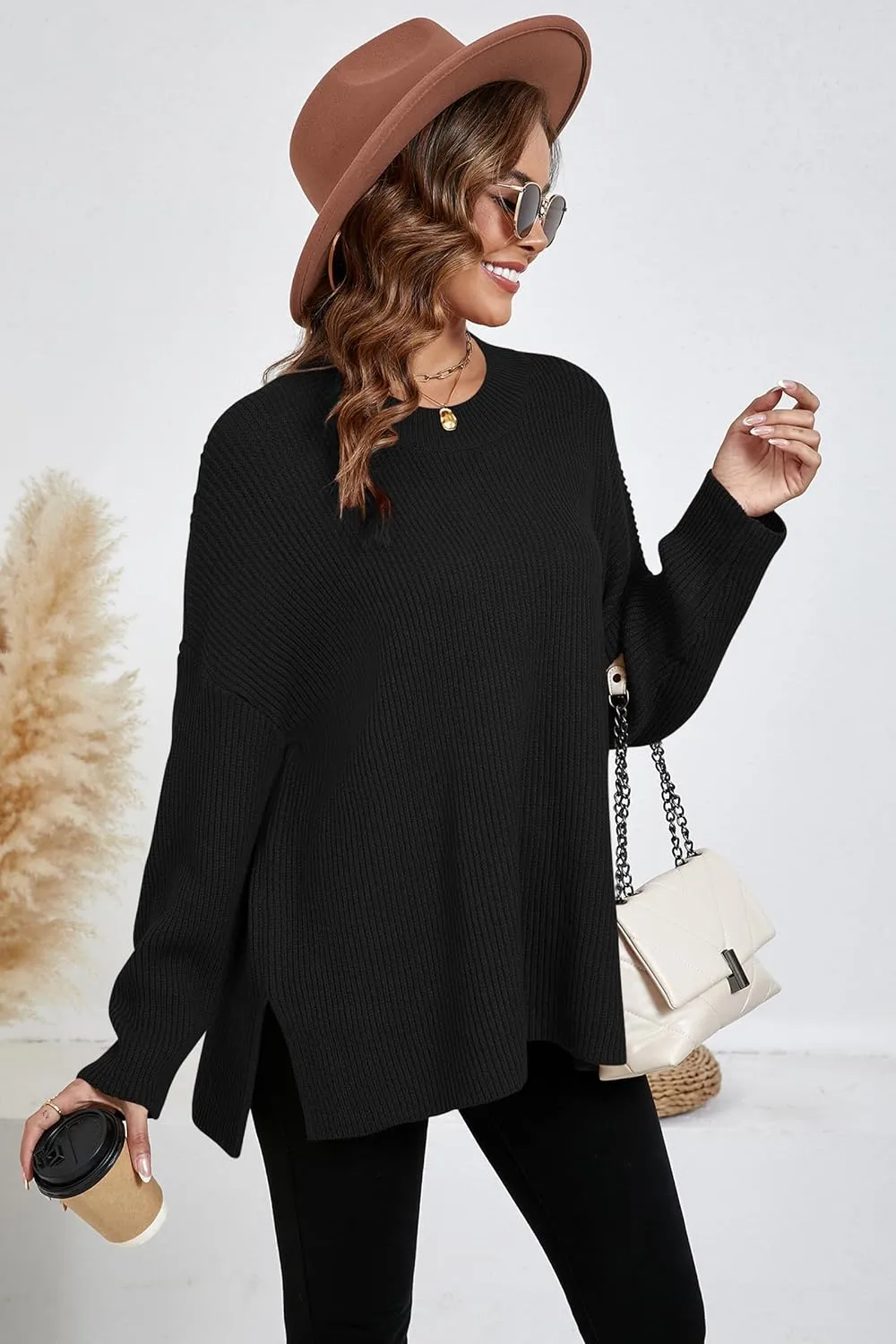 Women's Batwing Long Sleeve Oversized Sweaters Fall Loose Fit Knitted Side Slit Pullover Tops