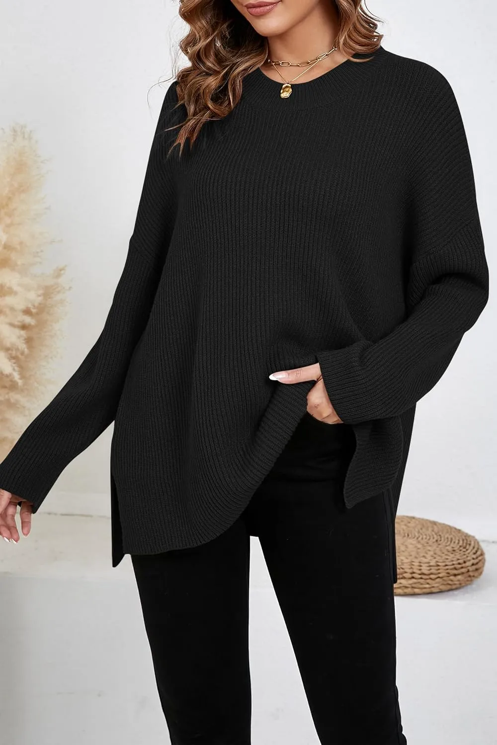 Women's Batwing Long Sleeve Oversized Sweaters Fall Loose Fit Knitted Side Slit Pullover Tops