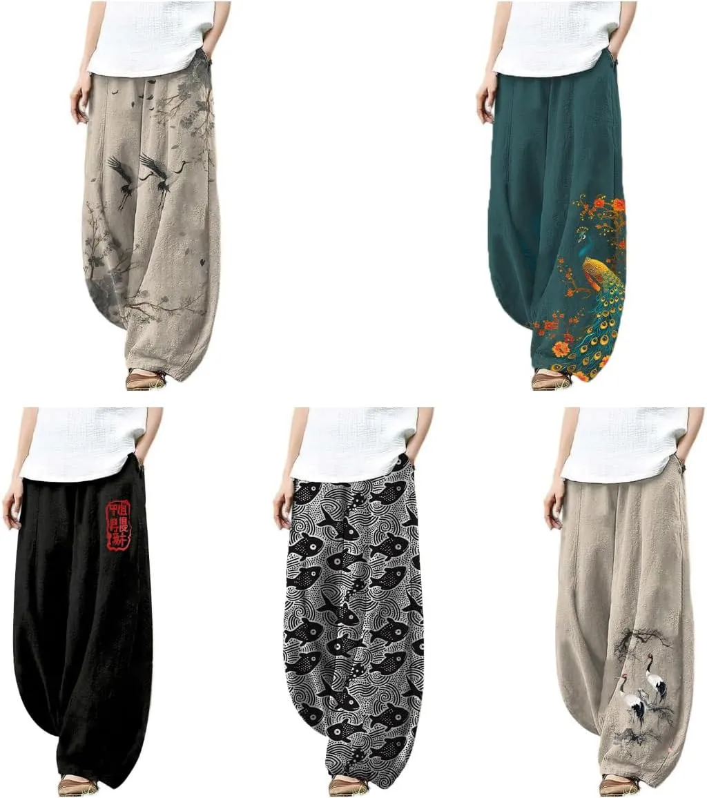 Womens Beach Pants Lounge Breathable Funny Printed with Pockets Flowy Palazzo Pants for Women High Waist Pants