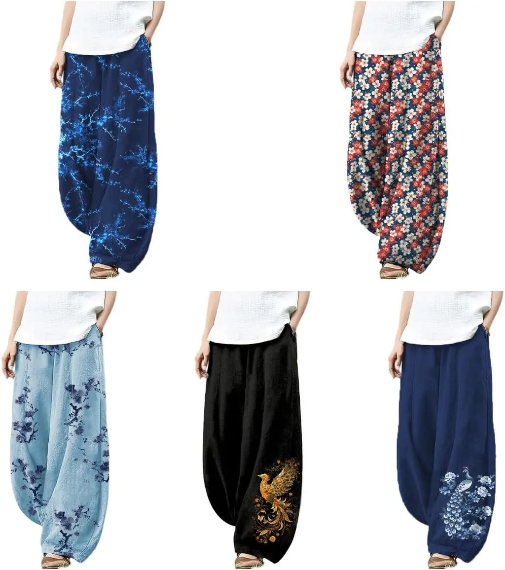 Womens Beach Pants Lounge Breathable Funny Printed with Pockets Flowy Palazzo Pants for Women High Waist Pants