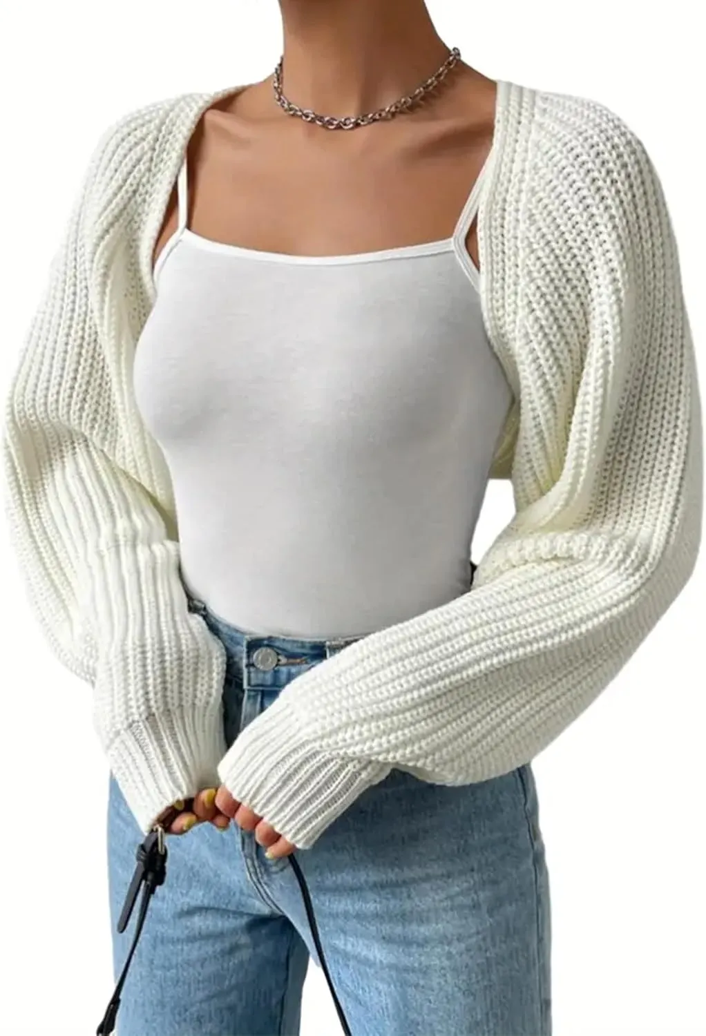 Women's Bolero Shrug Sweater Long Sleeve Y2K Cropped Top Cardigan Sweater Open Front Knit Fall Winter