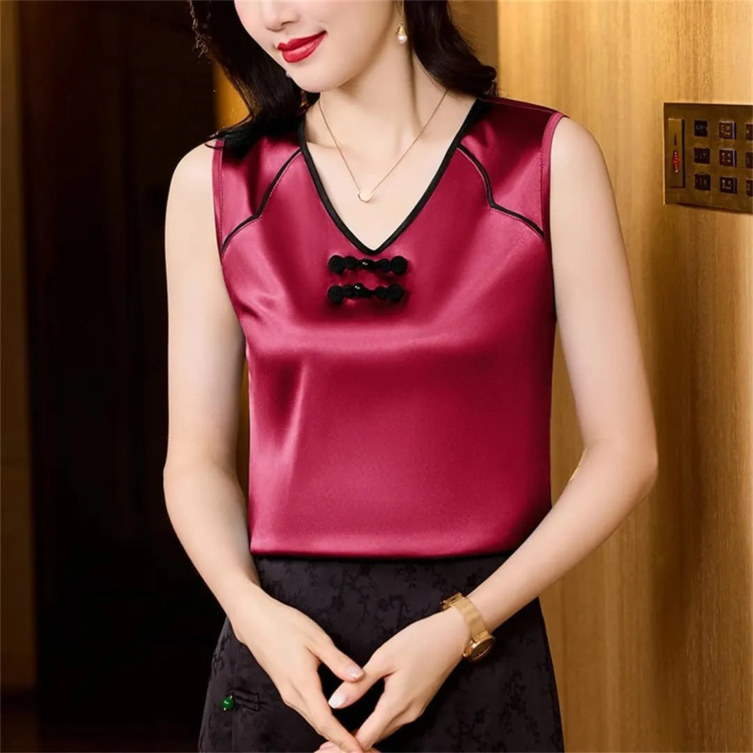 Women's Camisole Chinese Style Silk Satin Tank Tops Sleeveless Vest Shirt