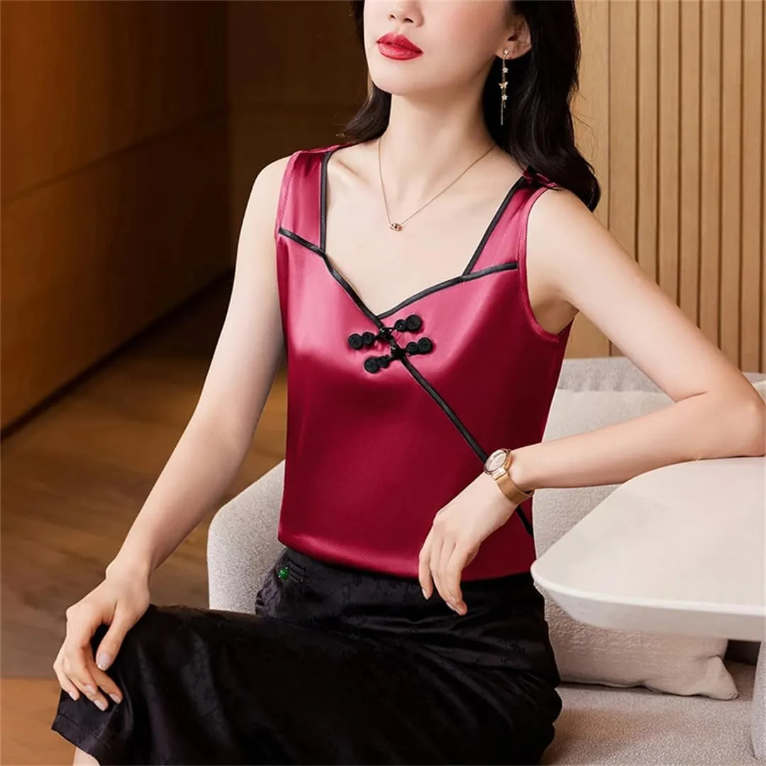 Women's Camisole Chinese Style Silk Satin Tank Tops Sleeveless Vest Shirt