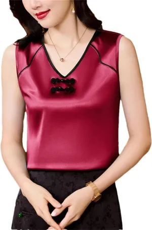 Women's Camisole Chinese Style Silk Satin Tank Tops Sleeveless Vest Shirt