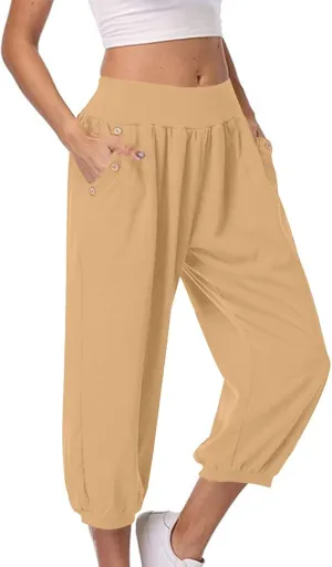 Womens Capri Pant 2024 Summer Fashion High Waisted Elastic Lounge Pant Solid Cropped Button-On Pockets Pants