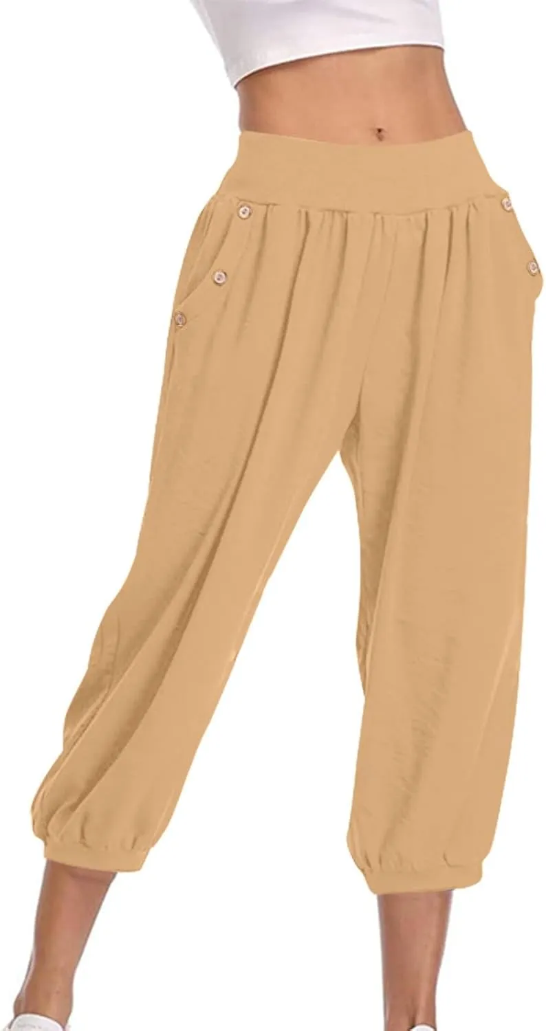 Womens Capri Pant 2024 Summer Fashion High Waisted Elastic Lounge Pant Solid Cropped Button-On Pockets Pants