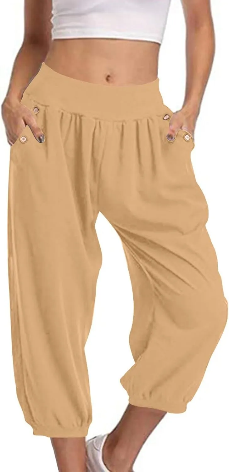 Womens Capri Pant 2024 Summer Fashion High Waisted Elastic Lounge Pant Solid Cropped Button-On Pockets Pants