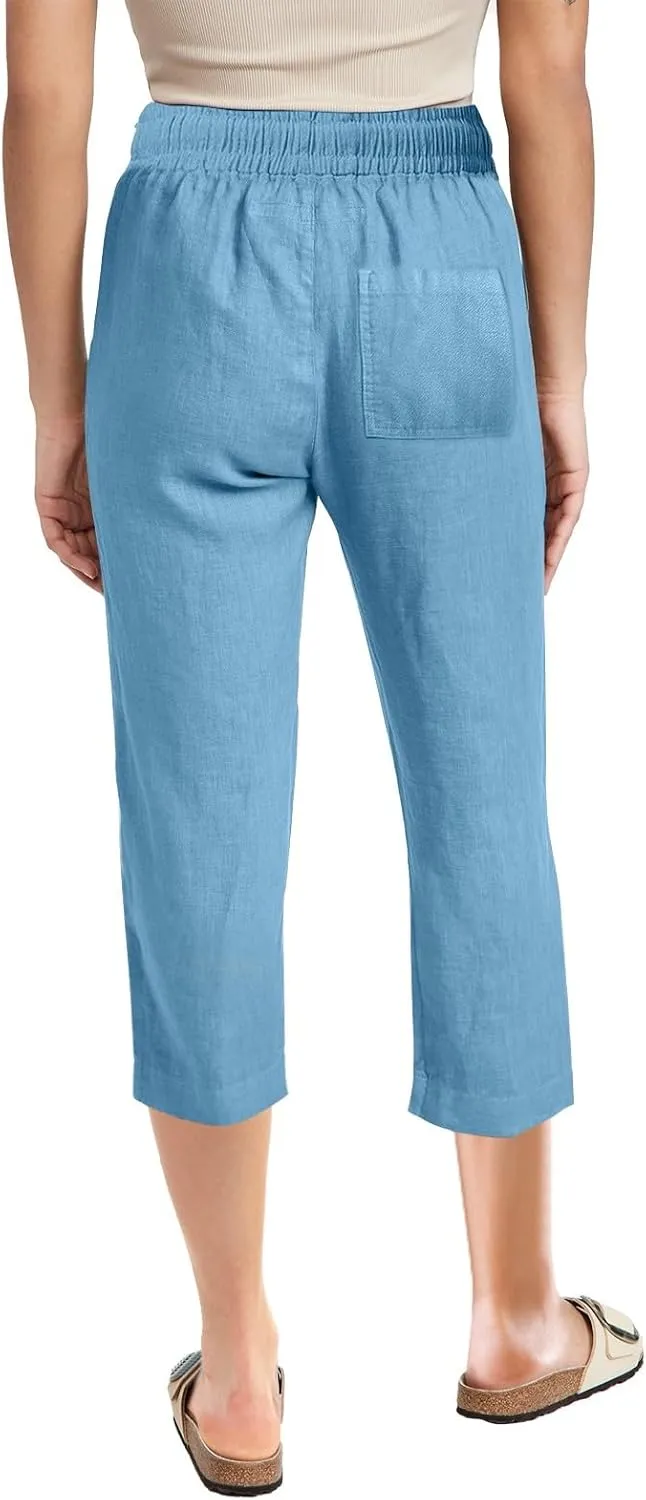 Womens Capris for Summer Dressy Casual Cotton Linen Elastic Waist Pants Trendy Plus Size Summer Trousers Clothes