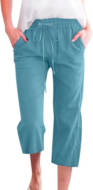 Womens Capris for Summer Dressy Casual Cotton Linen Elastic Waist Pants Trendy Plus Size Summer Trousers Clothes