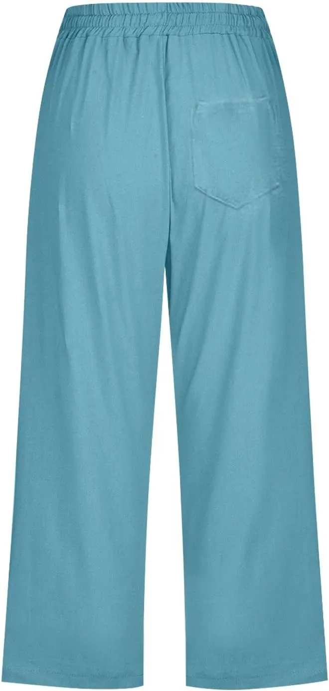 Womens Capris for Summer Dressy Casual Cotton Linen Elastic Waist Pants Trendy Plus Size Summer Trousers Clothes