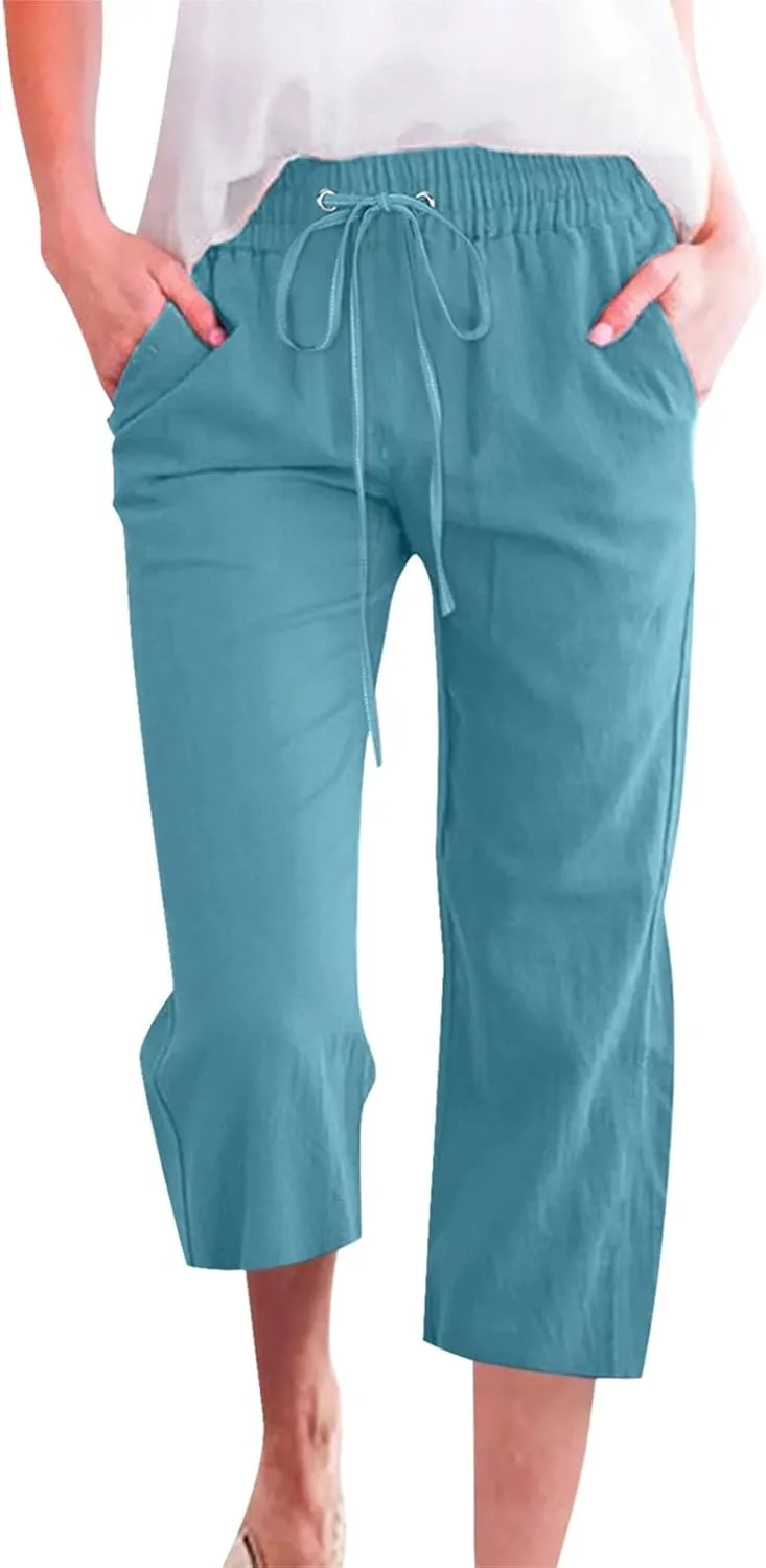 Womens Capris for Summer Dressy Casual Cotton Linen Elastic Waist Pants Trendy Plus Size Summer Trousers Clothes