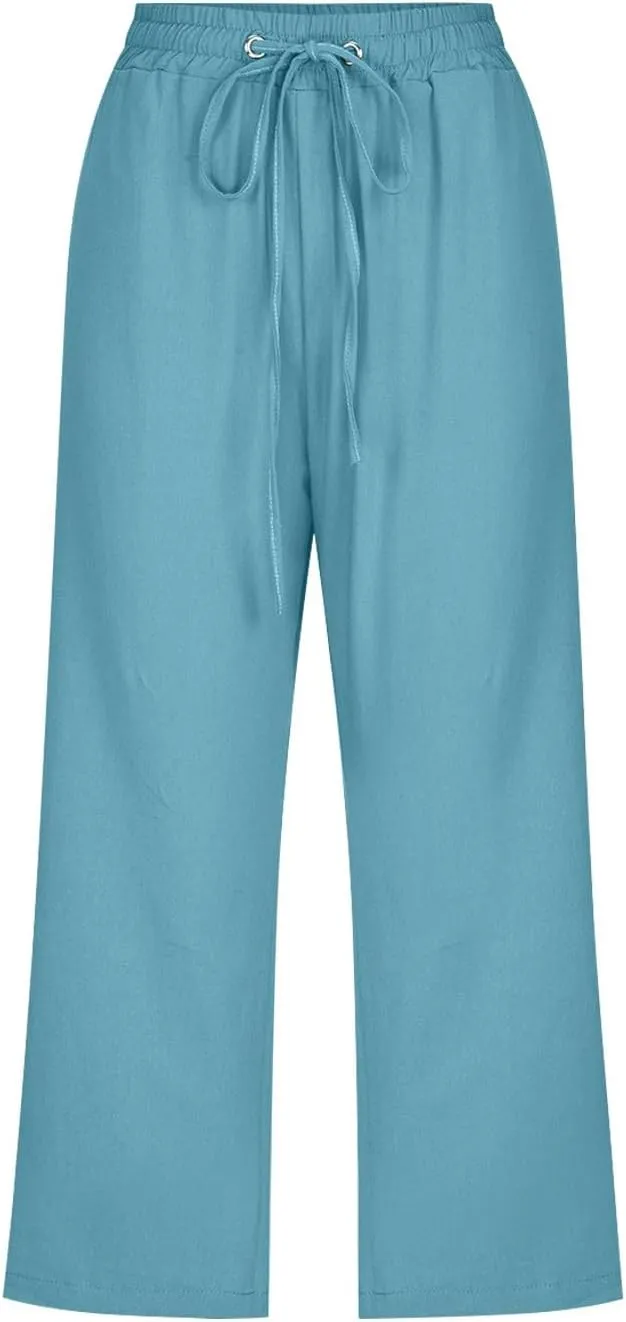 Womens Capris for Summer Dressy Casual Cotton Linen Elastic Waist Pants Trendy Plus Size Summer Trousers Clothes