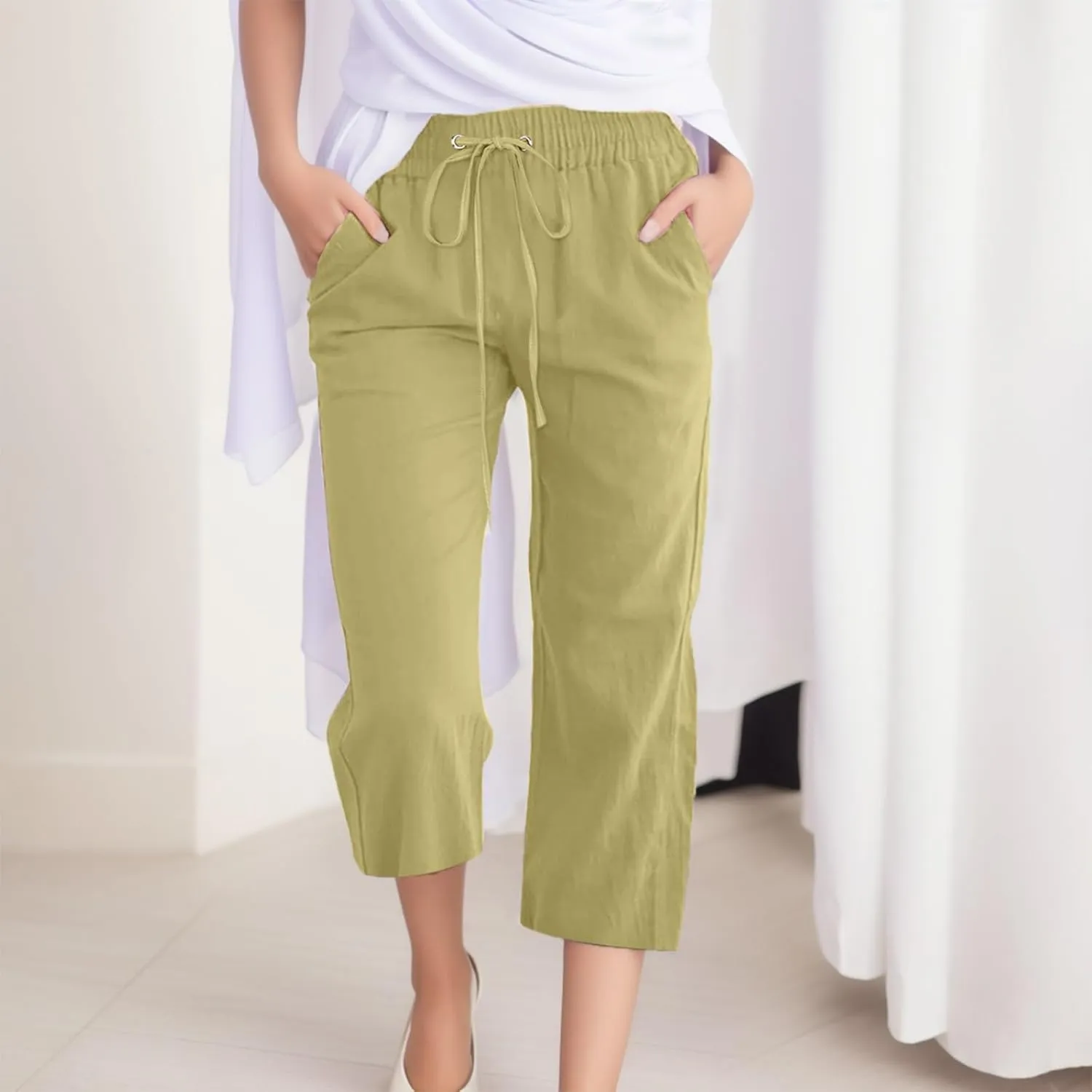 Womens Capris Solid Pants Cotton Linen Casual Summer Plus Size Wide Leg Loose Drawstring Elastic Waist Cropped Trouser