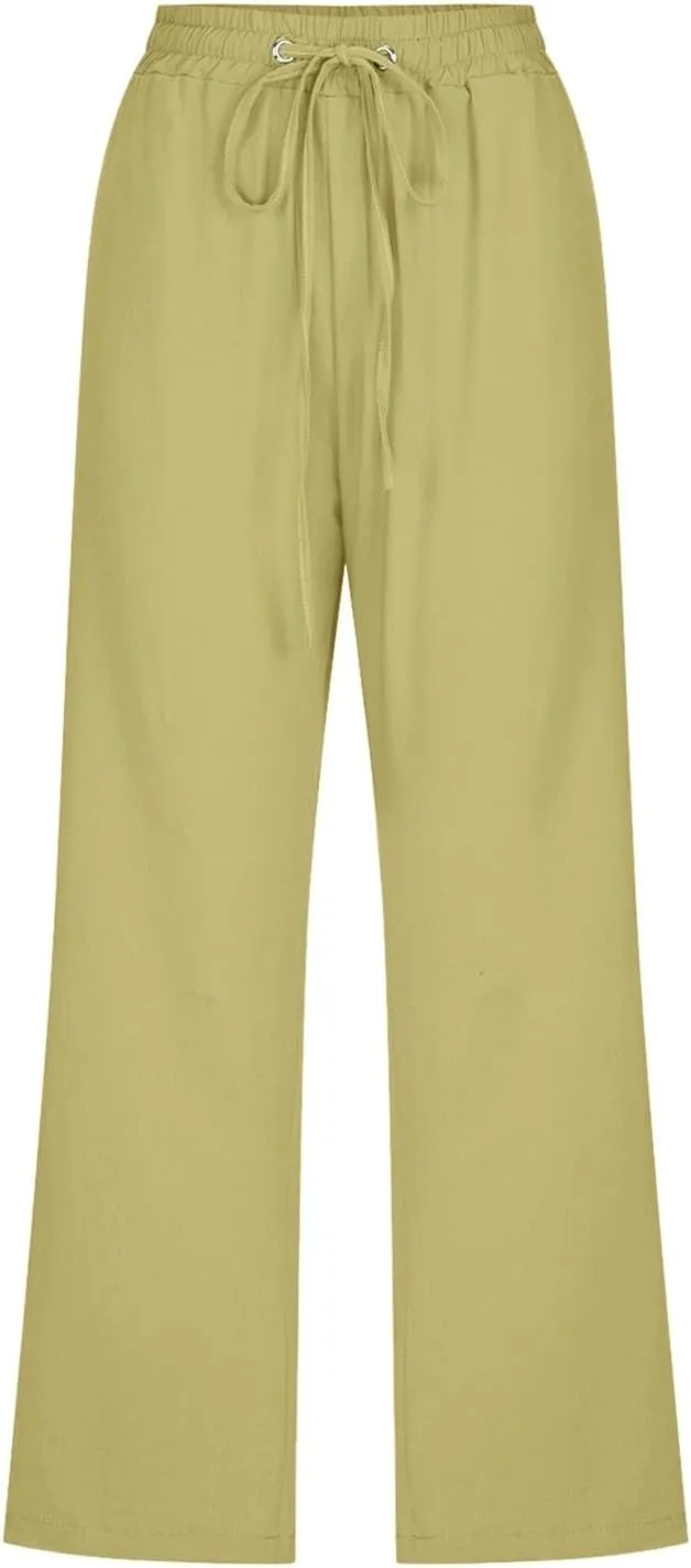 Womens Capris Solid Pants Cotton Linen Casual Summer Plus Size Wide Leg Loose Drawstring Elastic Waist Cropped Trouser