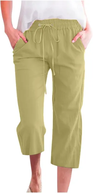 Womens Capris Solid Pants Cotton Linen Casual Summer Plus Size Wide Leg Loose Drawstring Elastic Waist Cropped Trouser