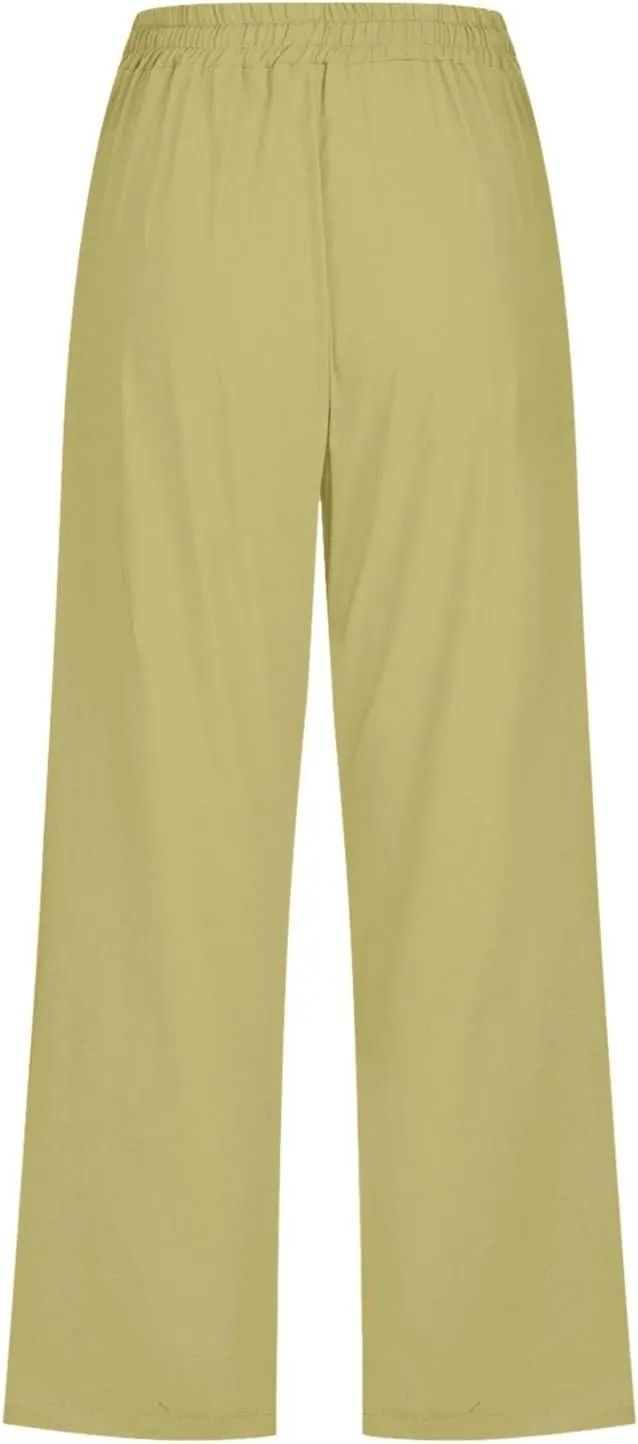 Womens Capris Solid Pants Cotton Linen Casual Summer Plus Size Wide Leg Loose Drawstring Elastic Waist Cropped Trouser