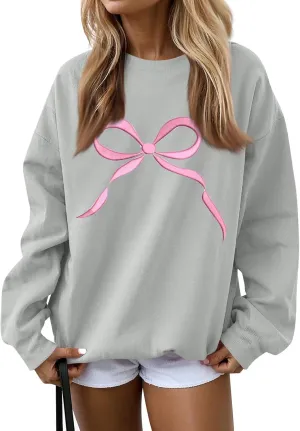Womens Casual Bow Sweatshirts Colorful Pastel Bows Graphic Tee Shirts Oversized Holiday Trendy Pullover Outfits
