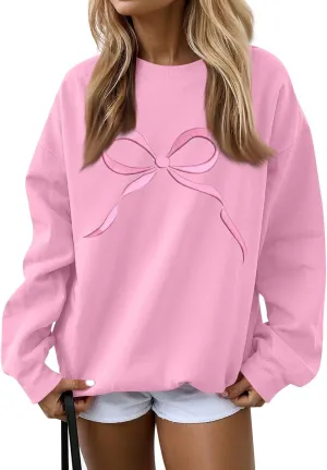Womens Casual Bow Sweatshirts Colorful Pastel Bows Graphic Tee Shirts Oversized Holiday Trendy Pullover Outfits