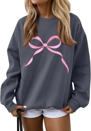 Womens Casual Bow Sweatshirts Colorful Pastel Bows Graphic Tee Shirts Oversized Holiday Trendy Pullover Outfits
