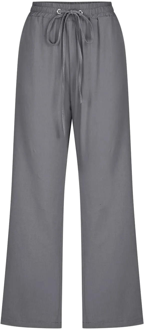 Womens Casual Capri Linen Pants Elastic High Waist Summer Drawstring Pant Straight Wide Leg Cropped Trouser