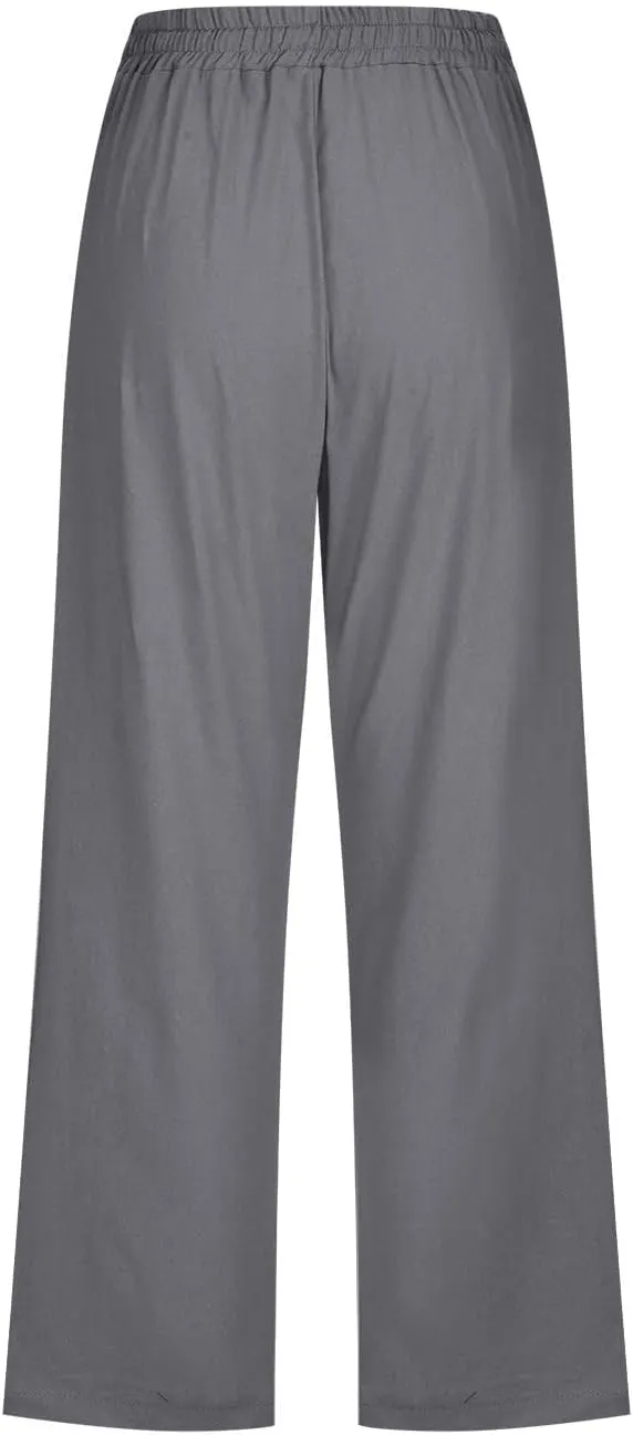 Womens Casual Capri Linen Pants Elastic High Waist Summer Drawstring Pant Straight Wide Leg Cropped Trouser
