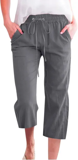 Womens Casual Capri Linen Pants Elastic High Waist Summer Drawstring Pant Straight Wide Leg Cropped Trouser