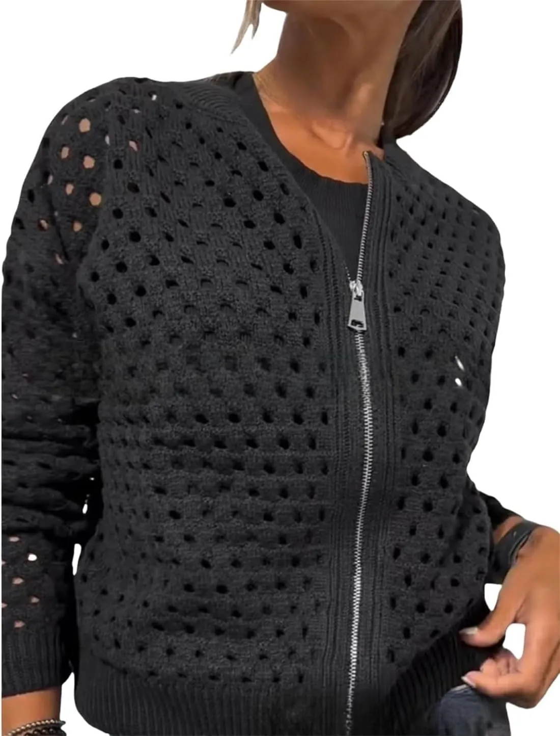 Women's Casual Hollow Knitwear Zipper Jacket, Crochet Fishnet Knit Shawl Sweater Jacket Lightweight Cardigan Sweater
