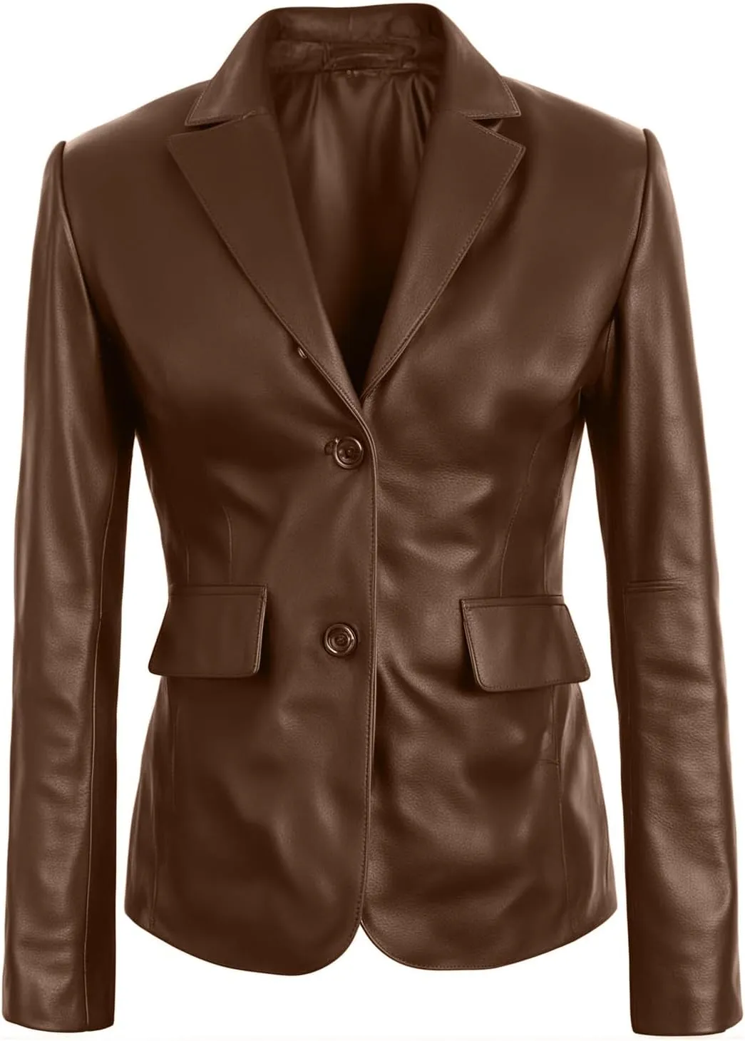 Women's Classic 2-Button Lambskin Leather Blazer Women - Casual Coat Long Sleeves Suit Style Leather Jacket