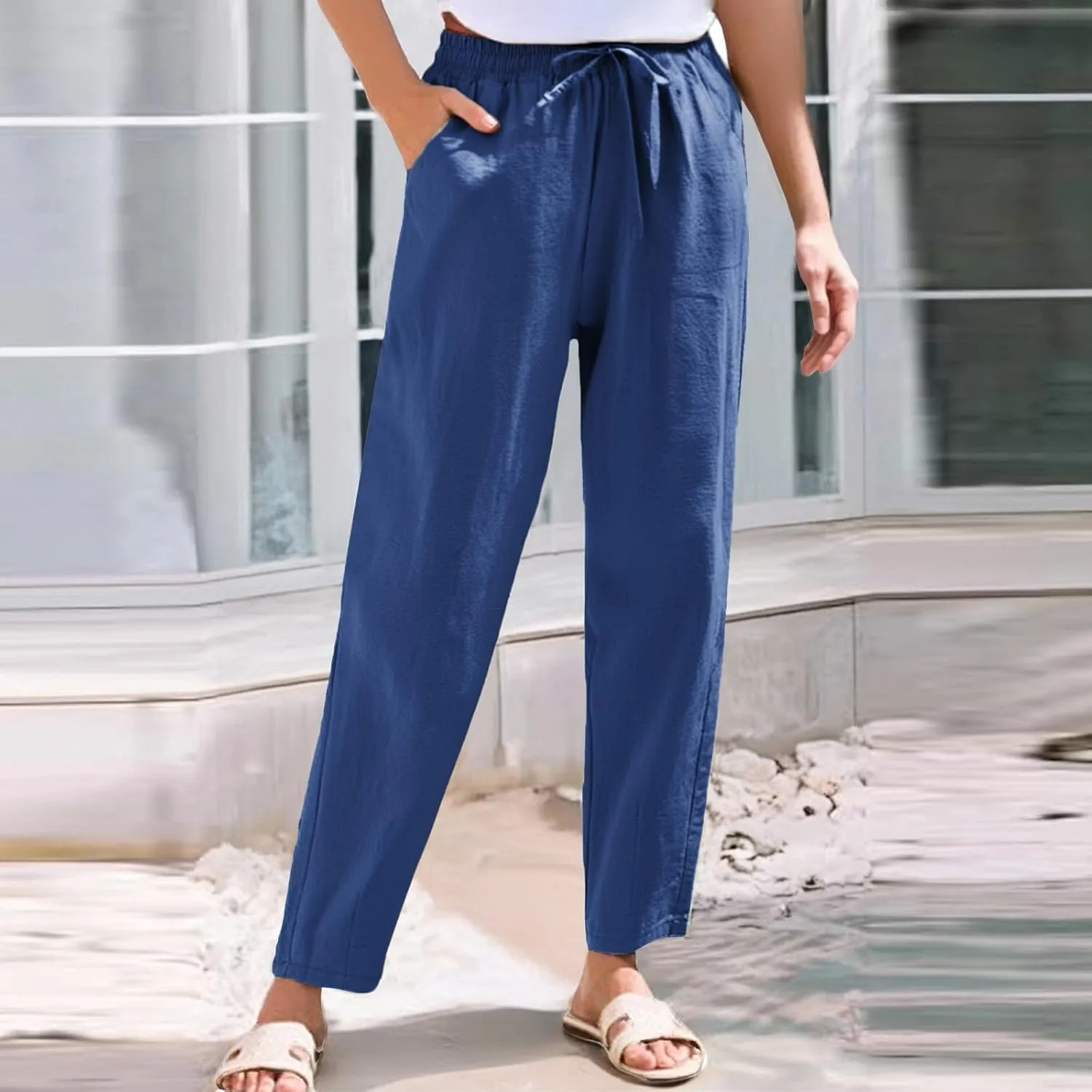 Women's Cotton Linen Straight Leg Pants Elastic Drawstring Casual Trousers with Pockets Summer Pants for Women