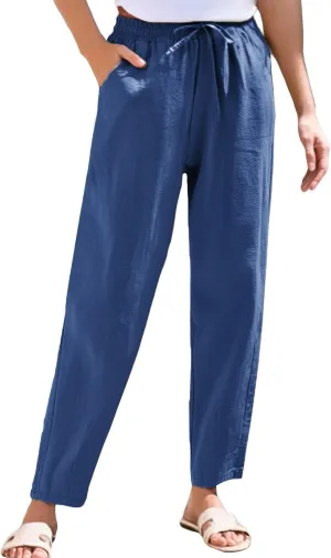 Women's Cotton Linen Straight Leg Pants Elastic Drawstring Casual Trousers with Pockets Summer Pants for Women