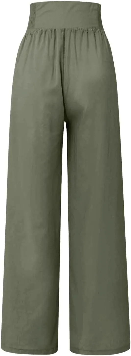 Womens Cotton Linen Summer Boho Pants Low Waist Stretchy Straight Slim-Fit Pant Trousers Business Work